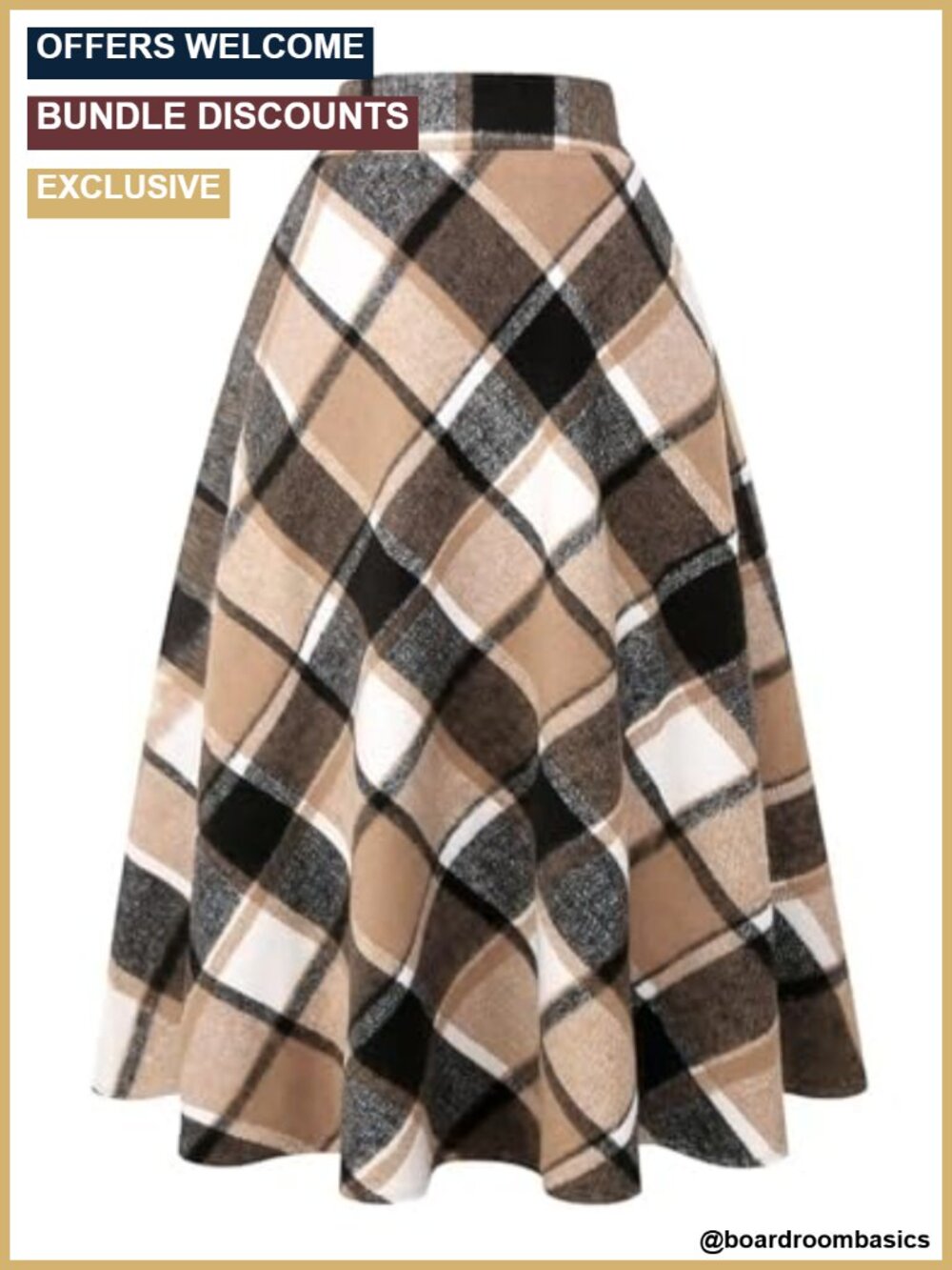Womens Plaid Wool A-Line Midi Skirt with Pockets Side Zipper